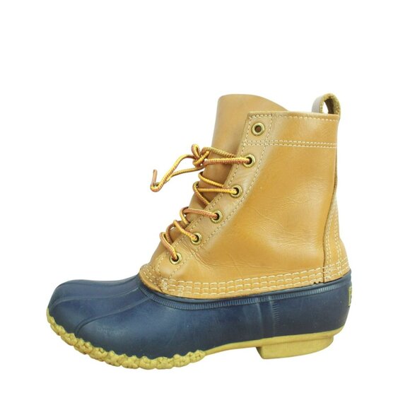 LL Bean Blue Brown Leather Rubber Unlined 8" Ankle Duck Boots Round Toe Size 8 M - Picture 1 of 10